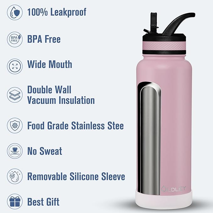 OLDLEY 40 oz Insulated Water Bottle With Straw, Stainless Steel Sports Water Cup Flask with 3 Lids(Straw, Spout and Handle Lid) Double Walled Travel Thermal Canteen Mug,Lavender Mist