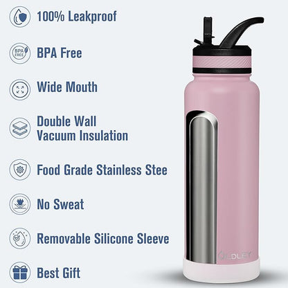 OLDLEY 40 oz Insulated Water Bottle With Straw, Stainless Steel Sports Water Cup Flask with 3 Lids(Straw, Spout and Handle Lid) Double Walled Travel Thermal Canteen Mug,Lavender Mist