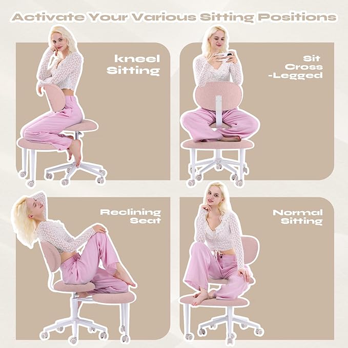 Ergonomic Cross Legged Office Chair with Wheels, ADHD Chair for Adults, Meditation Chair, Yoga Office Chair, Comfortable Back Support, Height Adjustable,Small Spaces, Teddy Fabric, Pink