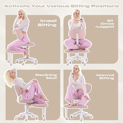 Ergonomic Cross Legged Office Chair with Wheels, ADHD Chair for Adults, Meditation Chair, Yoga Office Chair, Comfortable Back Support, Height Adjustable,Small Spaces, Teddy Fabric, Pink