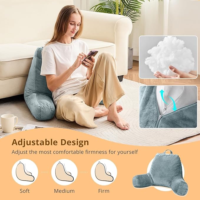 Sasttie Reading Pillow, Velvet Back Pillow for Bed Sitting Up, Adult Back-Rest Support Cushion with Arms for Sit Up on Couch, Sofa, and Floor, Dorm Essentials, Reading Accessories, Bluish Grey
