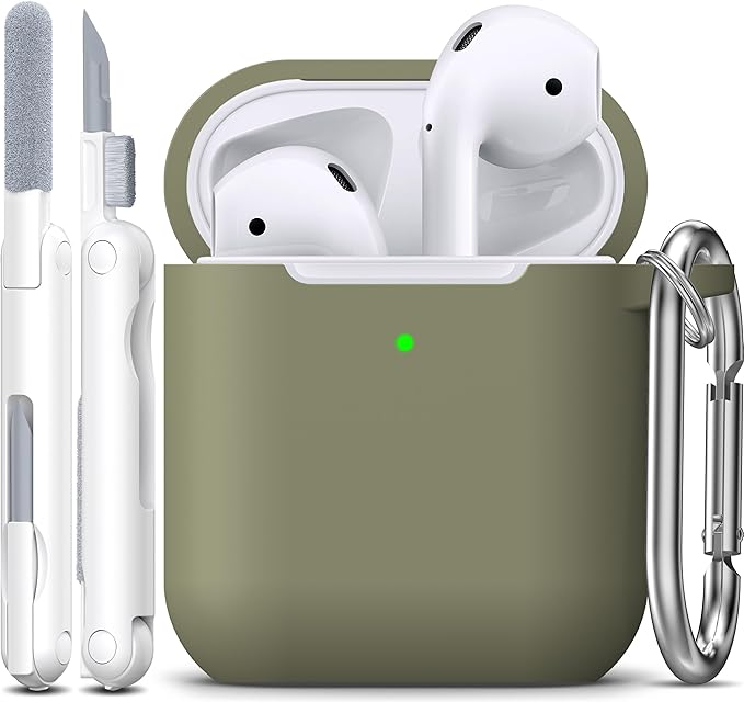 R-fun Compatible with AirPods Case Cover, Soft Silicone Protective Cover with Keychain for Women Men Compatible with Apple AirPods 2nd 1st Generation Charging Case, Front LED Visible,Olive