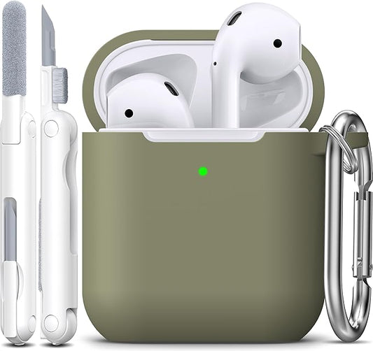 R-fun Compatible with AirPods Case Cover, Soft Silicone Protective Cover with Keychain for Women Men Compatible with Apple AirPods 2nd 1st Generation Charging Case, Front LED Visible,Olive