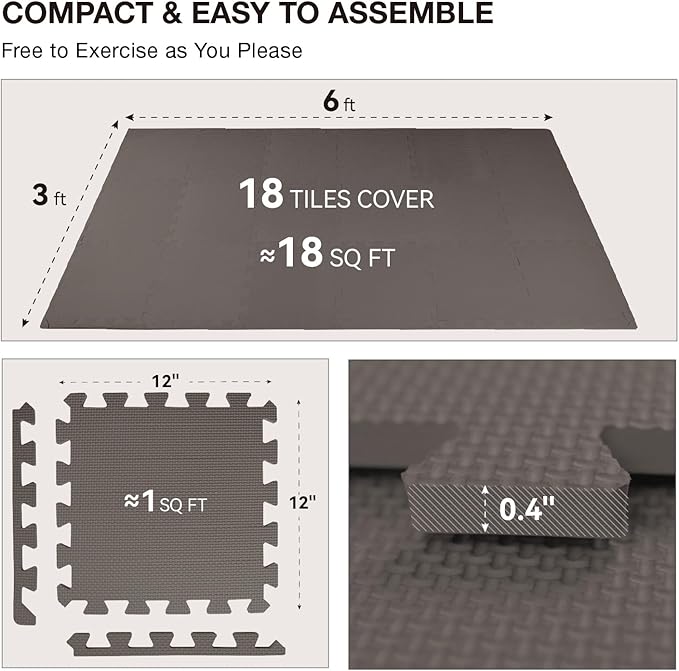 AIRHOP 18 Tiles Gym Floor Mat, EVA Foam Puzzle Gym Mat, High-Density Interlocking Foam Floor Tiles for Home Gym, Play Workout Garage Kitchen Flooring
