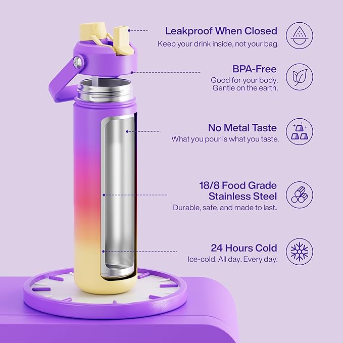 Insulated Water Bottle with Straw - Encool Stainless Steel Water Bottle, Leak-Proof, BPA-Free, Double Wall Vacuum Keeps Cold for 24 Hours for Sports, Travel, School (26 oz, Peach Dream)