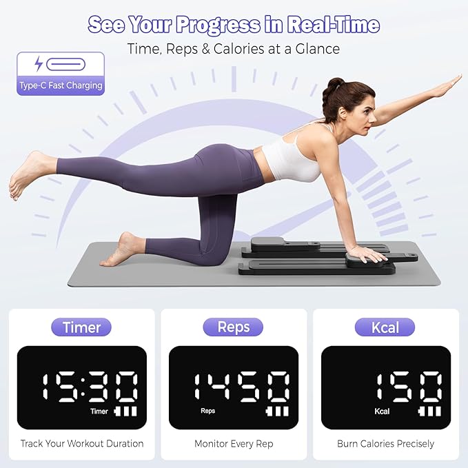 Pilates Reformer Board with Resistance Bands – Portable Pilates Machine, Full Body Workout for Home, Core Strengthener, Glute & Leg Toning, Dual Use, LED Timer & Calorie Display