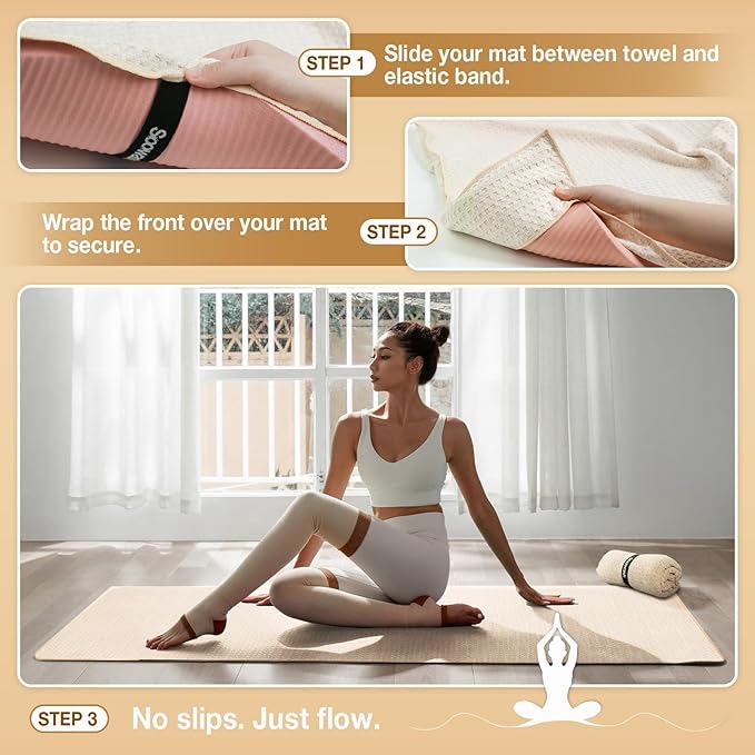 2 Pack Hot Yoga Towel Yoga Mat Towels Non Slip for Hot Yoga Stickyfiber Microfiber Quick Dry Soft Absorbent with Corner Pockets Cover Bikram Pilates Exercise Fitness 28" X 72" Beige