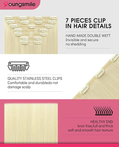 Youngsmile Clip in Hair Extensions Human Hair For Women 16 Inch 140 Gram 7 Pcs Color 60 Platinum Blonde Human Hair Extensions Clip in Double Weft Real Human Hair (7C#60-16Inch)
