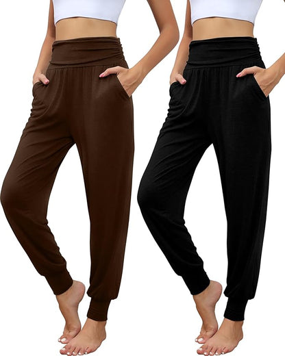 2 Pack Women's Yoga Joggers, Cozy Sweatpants with Pockets Casual Loose Comfy High Waisted Lounge Pants