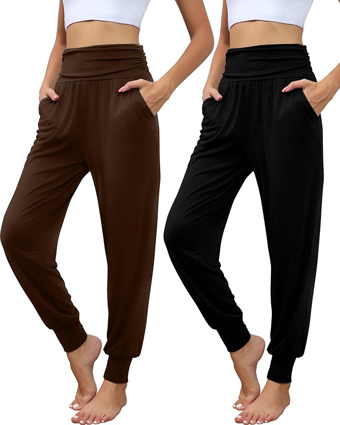 2 Pack Women's Yoga Joggers, Cozy Sweatpants with Pockets Casual Loose Comfy High Waisted Lounge Pants