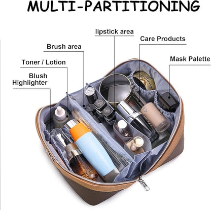 BOYATU Travel Makeup Bag Organizer Cosmetic Bag: 3 Pcs Set Make up Bags for Women with Handle - Waterproof Vegan Leather Toiletry Bags Travel Essentials Pouch with Compartments (G-01-Brown)