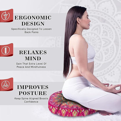Mandala Meditation Cushion, Boho Meditation Mat, Meditation Pillows for Sitting on Floor, Cushions for Sitting in Home and Outdoor, Round Floor Pillows Cushion Seating for Yoga 22'' X 22''
