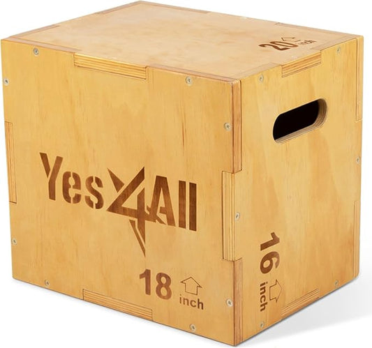 Yes4All Plyo Box, 3-in-1 Wooden Box Jumps for Home Gym (12/14/16 in), 450 lbs Boxes Step Up with Smooth Edges & Wide Built-in Handles for Jumping, Strength Training, Lunges, Squats, Dips