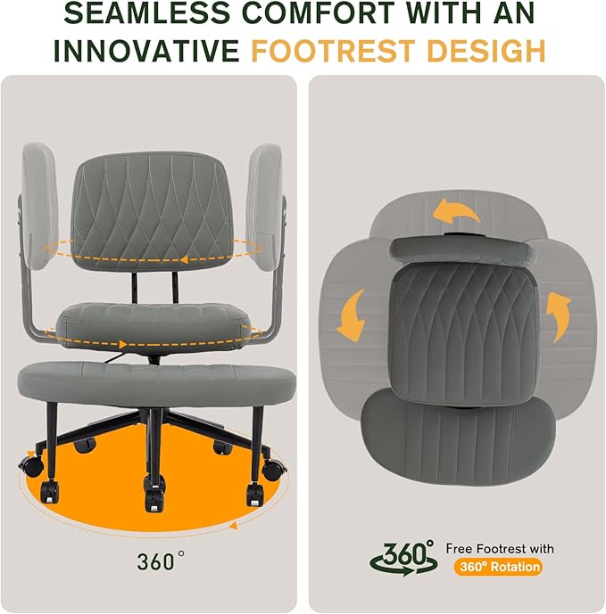 Ergonomic Cross Legged Office Chair with Brake Wheels, Wide Seat and Backrest for Meditation, ADHD Cross Legged Office Chair with Adjustable Height, 360°Rotating Footrest for Yoga Home Office