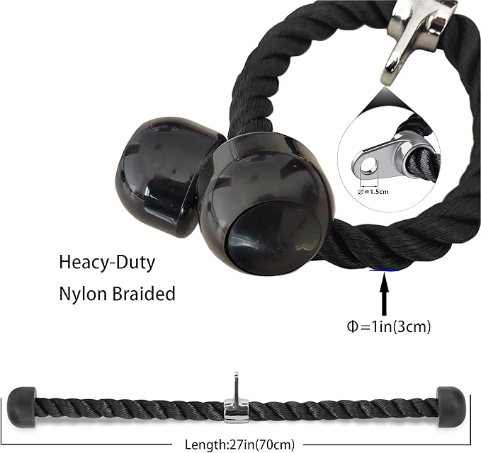 Upgrades Tricep Rope LAT Pull Down Cable Attachment, 27 inches, Exercise Machine Attachments Pulley System Gym Workout Rope.