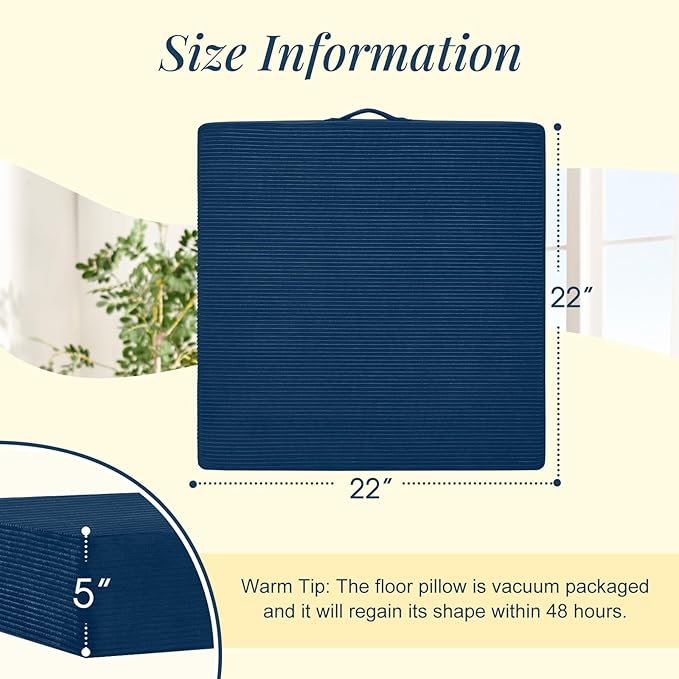 Solid Square Floor Pillows for Adults Kids - Large Meditation Floor Pillow Seating Cushion with Thick Foam & Washable Velvet Cover, 2 Pack, 22x22x5 Inch, Dark Blue