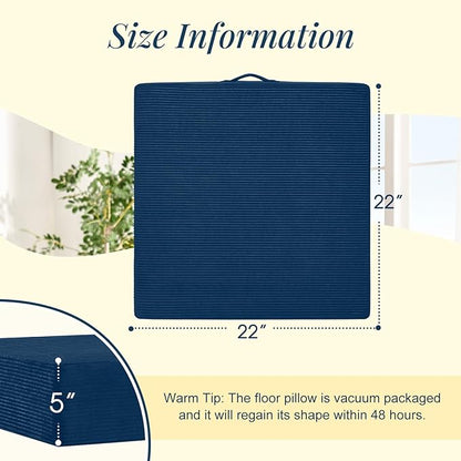 Solid Square Floor Pillows for Adults Kids - Large Meditation Floor Pillow Seating Cushion with Thick Foam & Washable Velvet Cover, 2 Pack, 22x22x5 Inch, Dark Blue