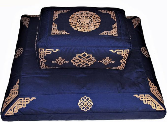 Meditation Cushion Set Rectangular Zafu and Zabuton - Silkscreen Sacred Symbol (Longevity Blue)