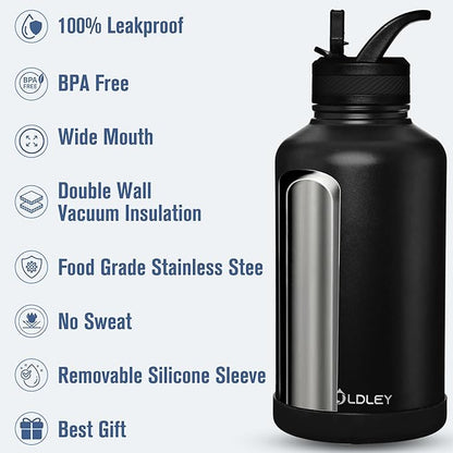 OLDLEY 64 oz Insulated Water Bottle With Straw, Stainless Steel Sports Water Cup Flask with 3 Lids(Straw, Spout and Handle Lid) Double Walled Travel Thermal Canteen Mug,Black