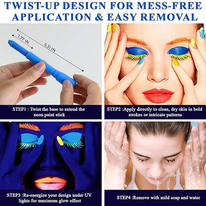 Glow in the Dark Paint, Non-Toxic Neon Face Paint, Washable Black Light Paint, Face Paint Markers for Halloween, Cosplay, Party, Compact UV Body Paint 12 PCS