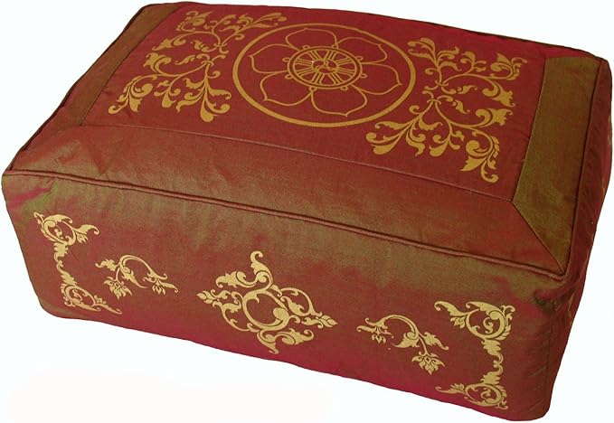 Rectangular Zafu Seat Meditation Cushion Buckwheat and Kapok Fill - Silkscreen Sacred Symbols (Saffron Vine Dharma Wheel)