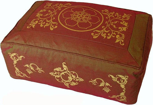 Rectangular Zafu Seat Meditation Cushion Buckwheat and Kapok Fill - Silkscreen Sacred Symbols (Saffron Vine Dharma Wheel)