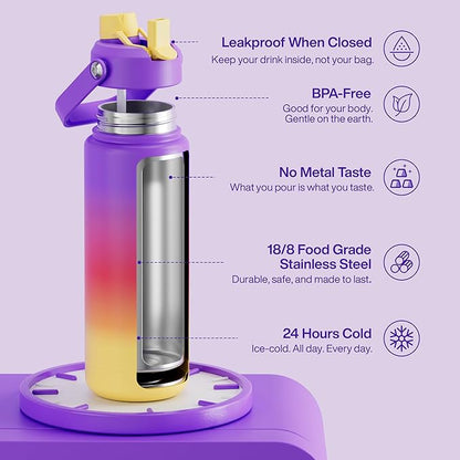 Insulated Water Bottle with Straw Stainless Steel Water Bottle, Leak-Proof, BPA-Free, Double Wall Vacuum Keeps Cold for 24 Hours for Sports, Travel, School (32 oz, Peach Dream)