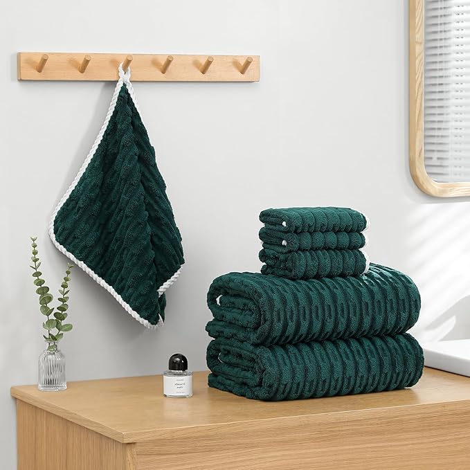 40x80 Inches Oversized Bath Sheets Extra Large Bath Towels Set of 6 for Adults Super Soft Quick Dry Lightweight Lint Free Absorbent Stripe Microfiber Shower Towels (Dark Green, 6 Piece)