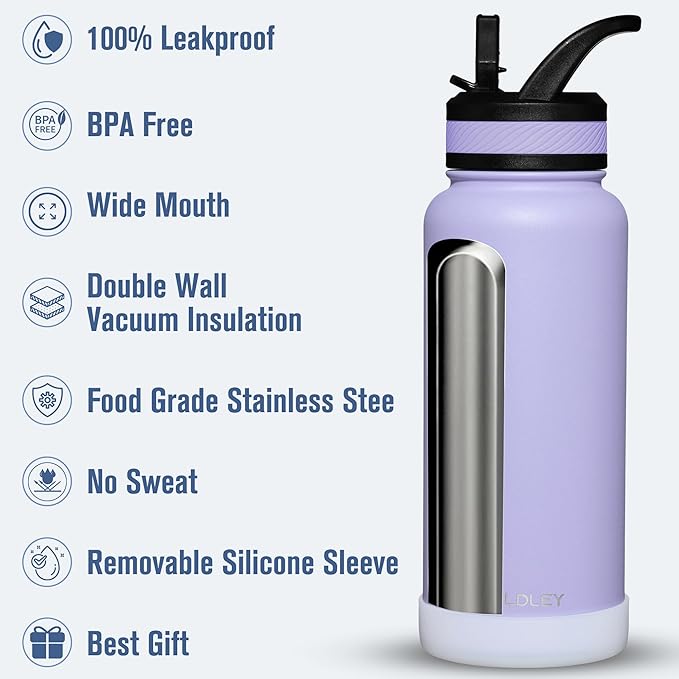 OLDLEY 32 oz Insulated Water Bottle With Straw, Stainless Steel Sports Water Cup Flask with 3 Lids(Straw, Spout and Handle Lid) Double Walled Travel Thermal Canteen Mug,Classic Lavender