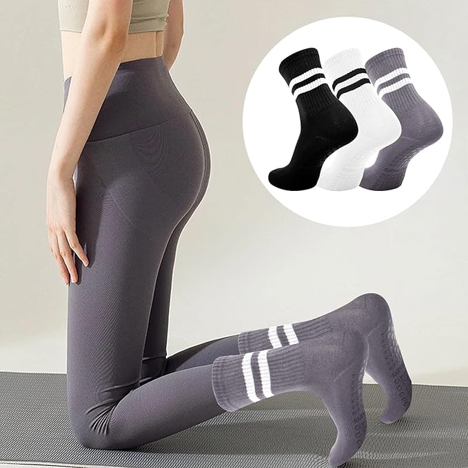 3 Pairs Non Slip Yoga Socks for Women Anti-skid Long Socks for Yoga, Barre, Ballet, Dance, Barefoot Workout Gym