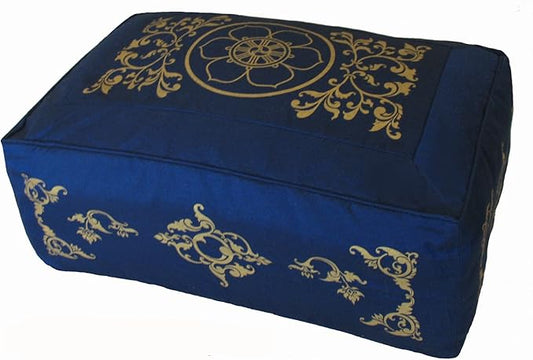 Meditation Cushion - Rectangular Zafu Buckwheat and Kapok Fill Dharma Wheel Celestial Vine Blue