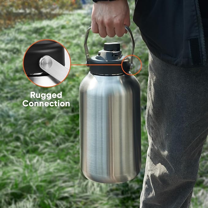 One Gallon Water Bottle, 128oz Stainless Steel Insulated Water Bottle For Hot & Cold Drinks, BPA-Free, Wide Mouth, Leak-Proof Big Water Jug With Handle For Sports, Travel, Hinking & Camping, Silver