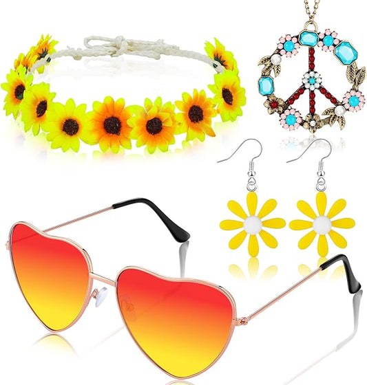 4 Pcs Hippie Costume Accessories Set 70s Peace Sign 60s Outfits for Women Necklace Daisy Earrings Flower Headband Sunglasses