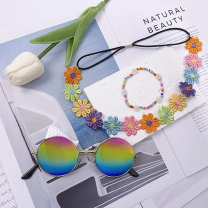Hippie Costume Accessories for Women Peace Sign Earrings Necklace Flower Headband Sunglasses 60s 70s Accessories