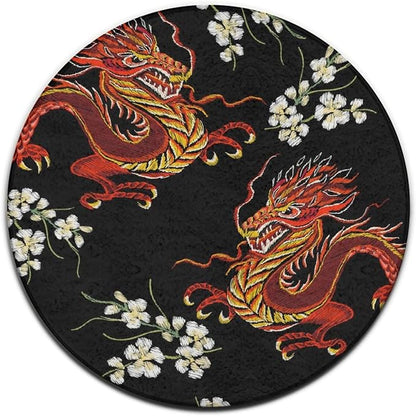 Soft Round Yoga Carpet, Large Home Decor Mat, Non-Slip Machine Washable Kitchen Office Circle Rug Compatible with Floral Chinese Japanese Dragon Flower