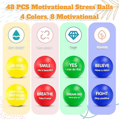 Liliful 48 Pieces Motivational Stress Balls Bulk for Adults Fidget Toys End of The Year Student Gifts Inspirational Squeeze Balls Employee Appreciation Gift Adult Goodie Bag 2. 2 Inch(Stylish Color)