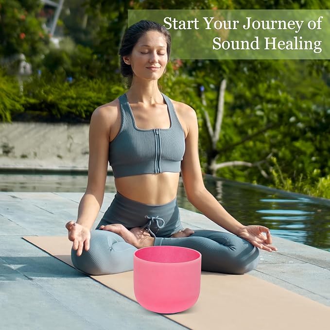 432HZ 8 Inchs C Note Red Frosted Crystal Singing Bowl for Meditation Healing Yoga Chakra Quartz Crystal Sound Bowls with Heavy Duty Carry Case and Rubber Mallet,Suede Striker,O-rings