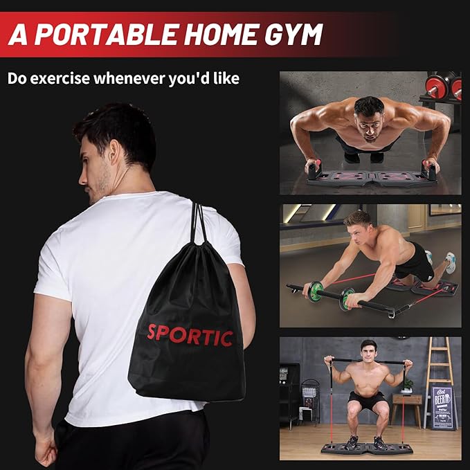 Push Up Board with Resistance Bands & Ab Roller – Portable Home Gym Equipment for Upper Body & Full-Body Workouts – Includes Pilates Bars & Accessories – Ideal for Men & Women