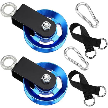 2 Pack 3.5 Inch Cable Pulley Wheel, Aluminum Cable Pulleys with Hanging Strap and Snap Hook, 360° Rotation Snatch Block Pulley Wheel for Home Gym Equipment, DIY, Blue