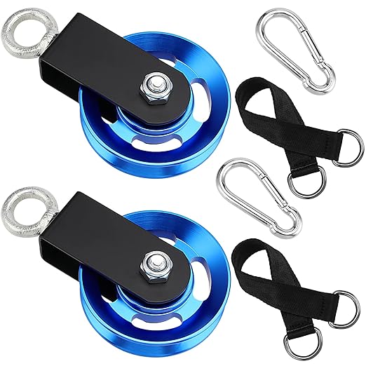 2 Pack 3.5 Inch Cable Pulley Wheel, Aluminum Cable Pulleys with Hanging Strap and Snap Hook, 360° Rotation Snatch Block Pulley Wheel for Home Gym Equipment, DIY, Blue