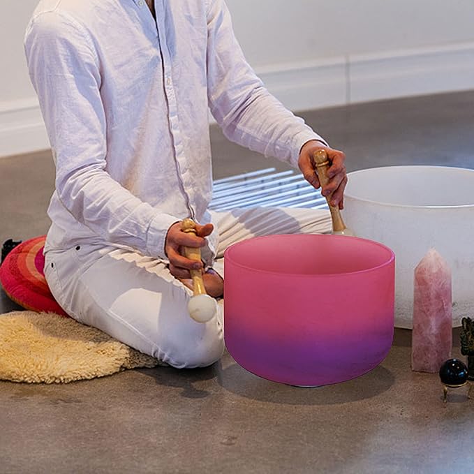 TOPFUND Pink Purple 432 Hz F Note Crystal Singing Bowl Heart Chakra with Carrying Case and Suede Mallet