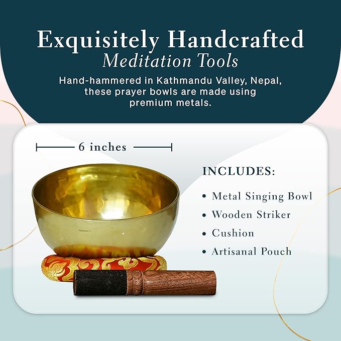 Tibetan Singing Bowl, Handcrafted Singing Bowl for Meditation, Prayer & Holistic Healing, Yoga Accessories, 6” Sound Bowl with Wooden Striker, Artisanal Pouch & Cushion