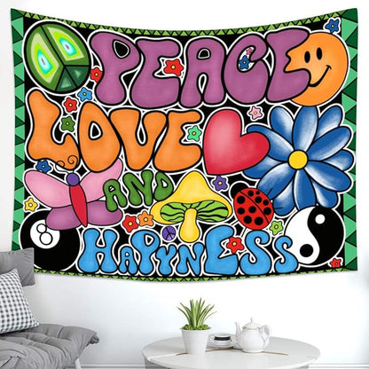 F-FUN SOUL Peace Love and Happiness Tapestry, 93x71inches, Mushroom Psychedelic Tapestries 70s Theme Tapestry Wall Hanging for Bedroom Living Room Decor GTZYFS956