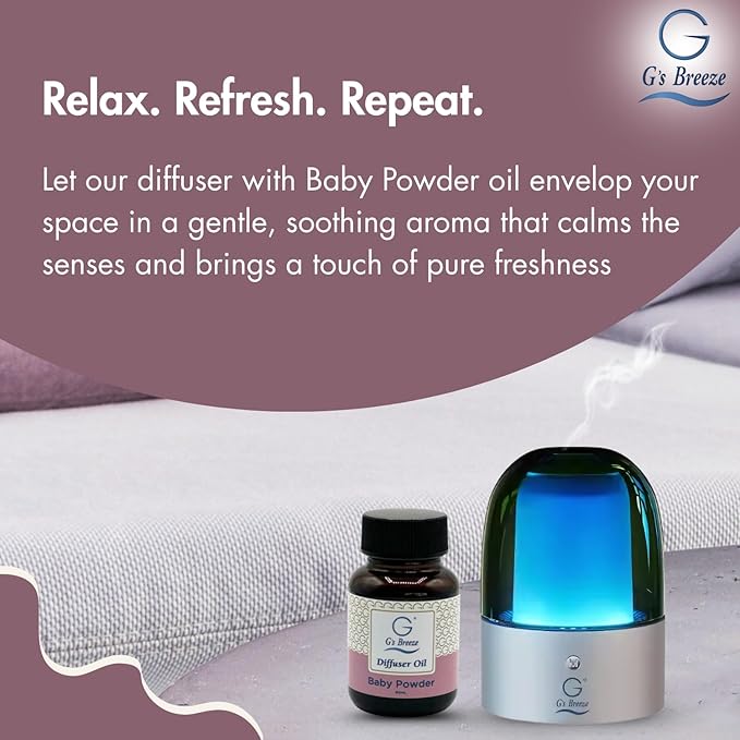 G's Breeze Smart Aroma Diffuser with 60ml Baby Powder Scent Refill – Bluetooth & Wi-Fi App Control - LED Lighting & Adjustable Intensity - Long-Lasting Soft Powdery Fragrance for Home or Office