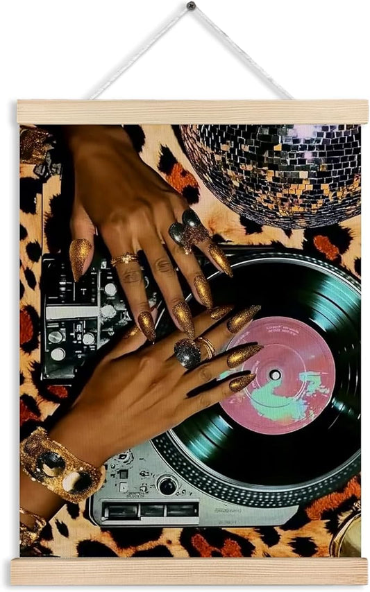 Funky Leopard Black Woman Vinyl Record Canvas Wall Art Poster, Trendy Musician CD Record Player Wall Decor Prints for Music Room Studio Home Apartment, 12x16 Inches