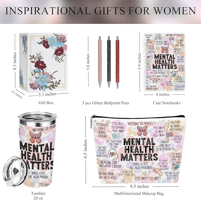Mental Health Gifts Positive Affirmations Mental Health Awareness Inspirational Gifts for Women Mom Friend Birthday Friendship Christmas, Office 6PCS 20oz Tumbler Makeup Bag Ballpoint Pen Notebook