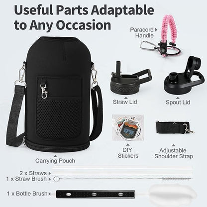 One Gallon Water Bottle Insulated, Triple Wall Vacuum Cold for 48 Hrs & Leak-proof & Non-BPA, 128oz Large Sports Stainless Steel Water Jug with Paracord Handle Straw Spout Lids & DIY Stickers