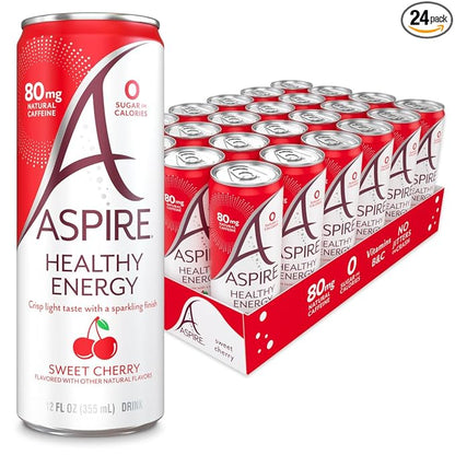 ASPIRE® Sweet Cherry, Healthy Energy Drink 80mg Natural Caffeine, Zero Sugar No Carbs Keto Friendly, 24 Pack Green Tea Sugar Free Drink Low Caffeine Zero Calorie