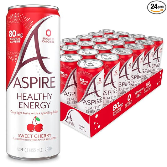 ASPIRE® Sweet Cherry, Healthy Energy Drink 80mg Natural Caffeine, Zero Sugar No Carbs Keto Friendly, 24 Pack Green Tea Sugar Free Drink Low Caffeine Zero Calorie