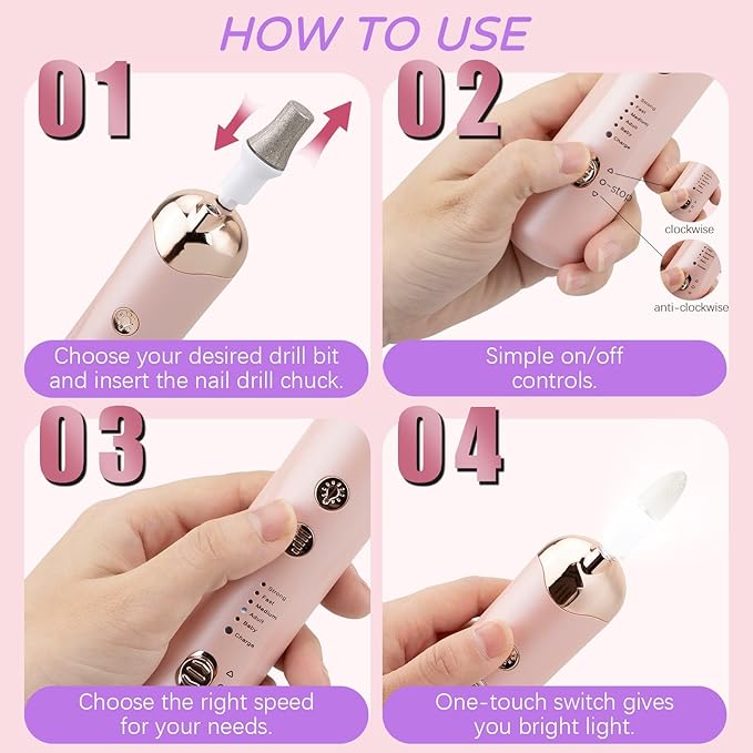 Professional Manicure Pedicure Kit, Electric Nail File Set, Cordless Electric Nail Drill Machine, 5 Speeds Hand Foot Care Nail Drill for Thick Nail Toenail Cuticle with 9Pcs Drawing Brushes